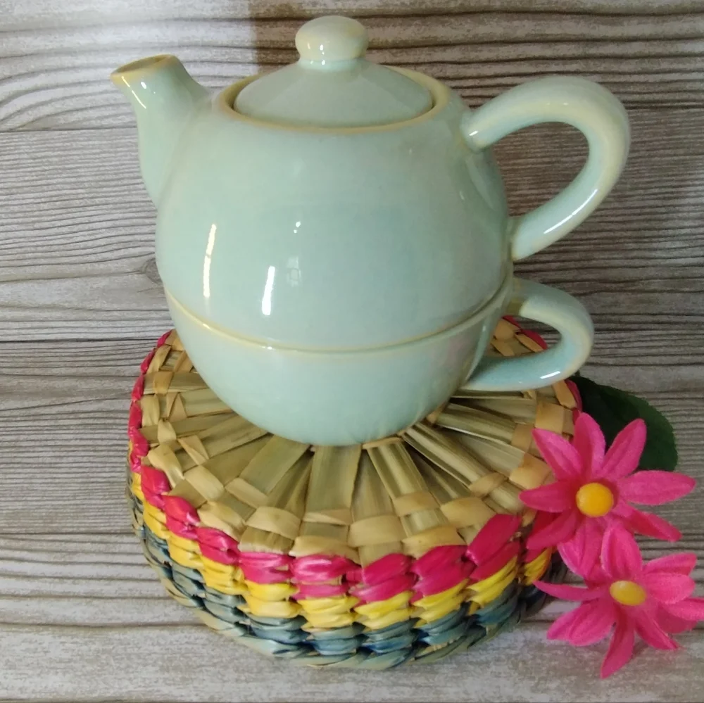 Pier One stoneware personal stackable tea pot, green color.